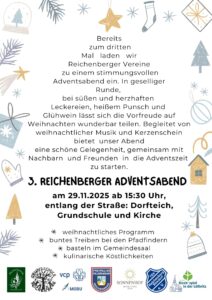 Mehr über den Artikel erfahren 3. Reichenberger Adventsabend 29.11.2025 ab 15:30 entlang der Straße Kirche, Grundschule und Dorfteich