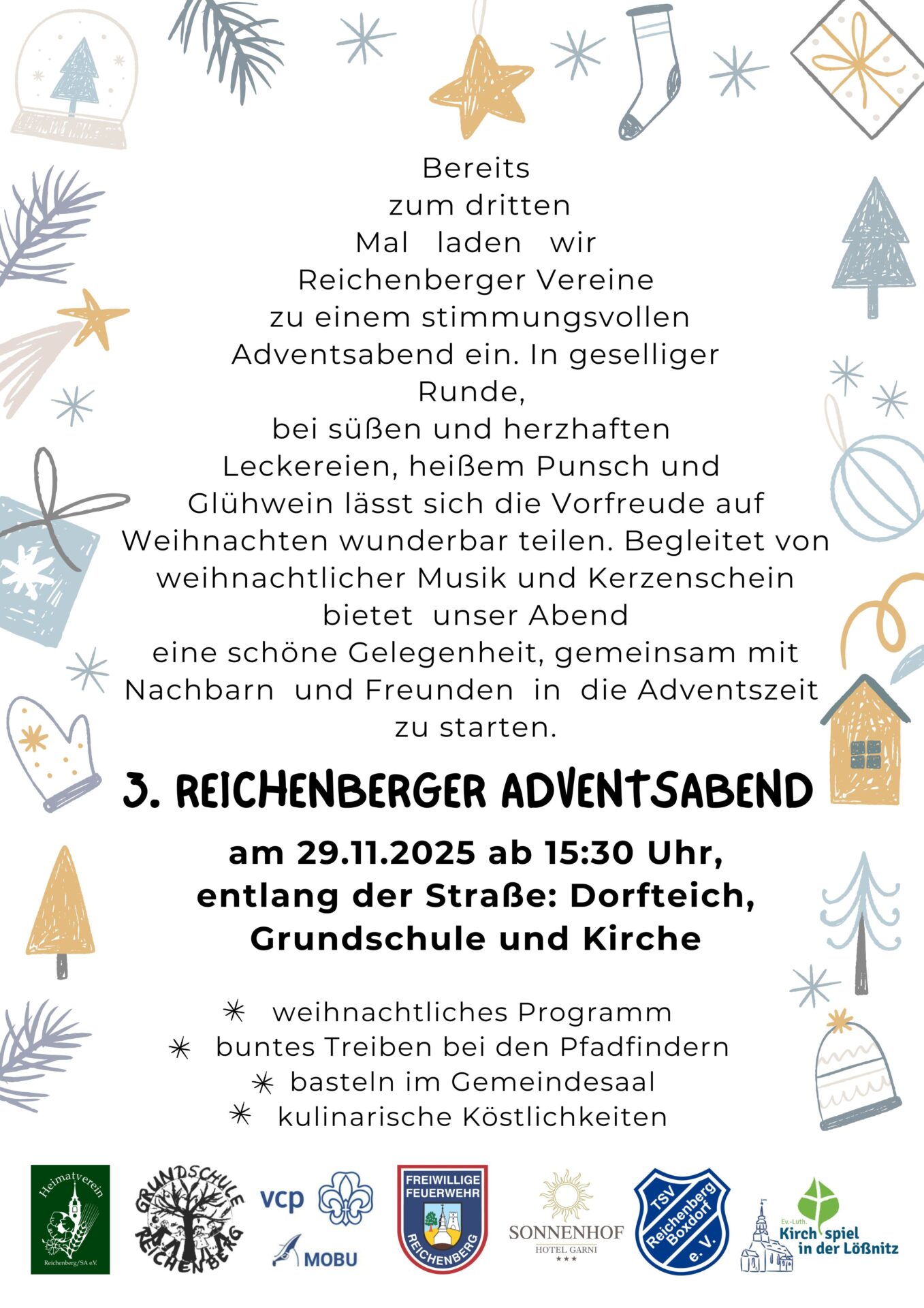 Du betrachtest gerade 3. Reichenberger Adventsabend 29.11.2025 ab 15:30 entlang der Straße Kirche, Grundschule und Dorfteich